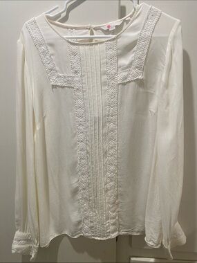 Boden Cream Lace-Trim Long Sleeve Blouse
